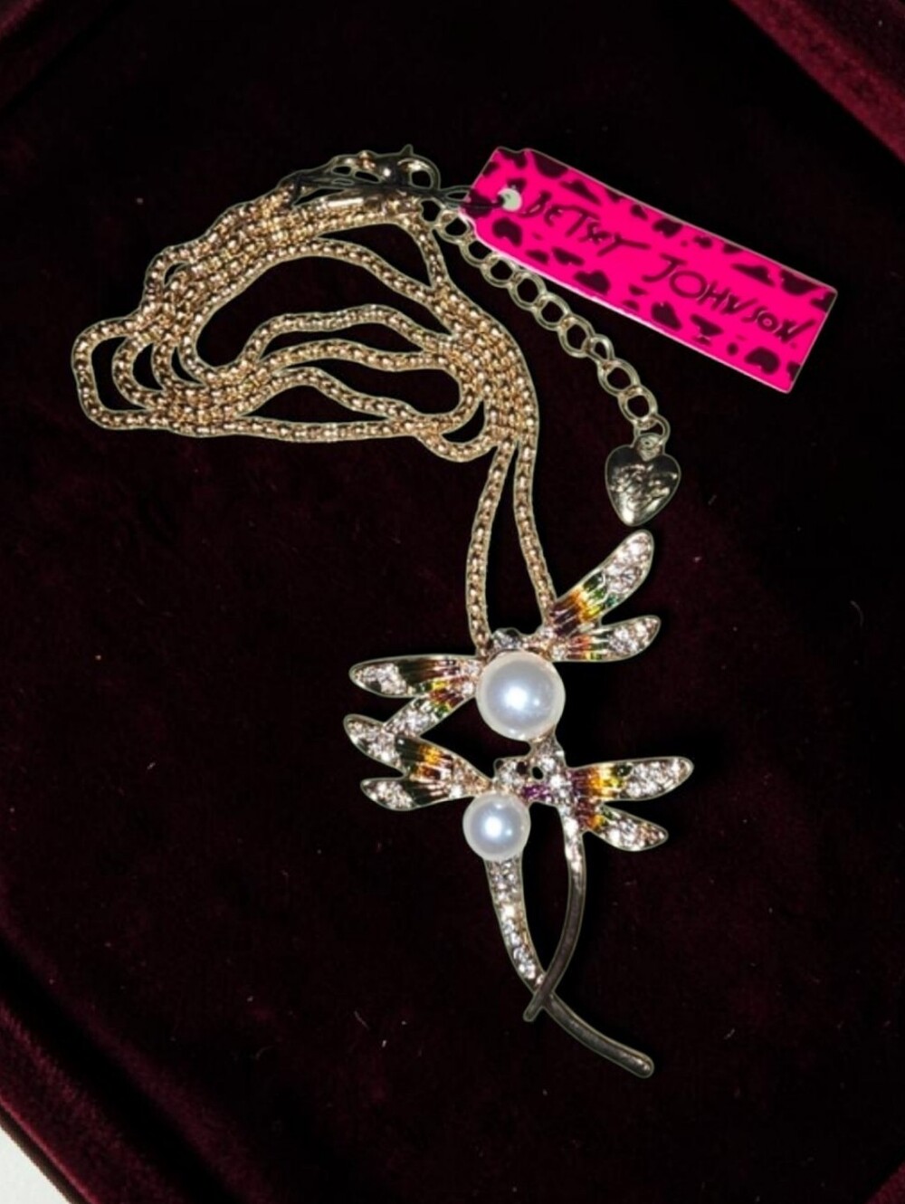 Betsey Johnson Two Dragonfly Copper Enamel Gold-toned Necklace w/Rhinestones